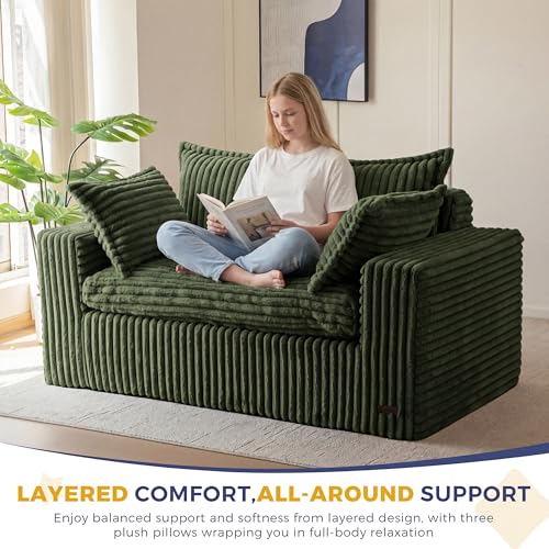 Image of MAXYOYO 59 inch Bean Bag Sofa Couch, Loveseat Boneless Couch in a Box, Upholstered Small Mini Sofa with Deep Seating for Living Room Bedroom Office Apartment, No Assembly, Dark Green