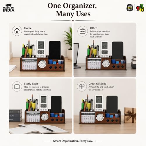 Image of GKD Wooden Desk Calendar 2026 with Clock & Desk Organizer | Premium Engineered Wood Table Calendar for Office & Home Decor | Corporate Gift | Made in India