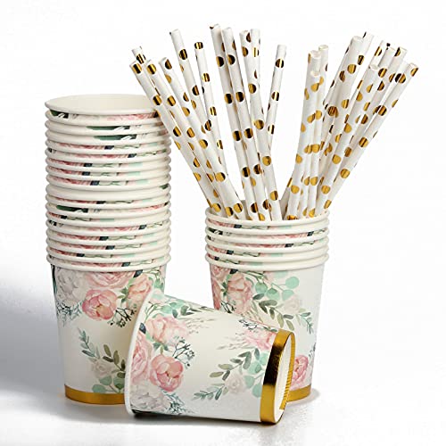 Floral Party Supplies Paper Plates And Napkins Sets,Floral Party Disposable Paper Dinner Plates,Cups,Straws,Napkins,Tableware Sets For Baby Shower Birthday Bridal Shower Tea Party #TOP2