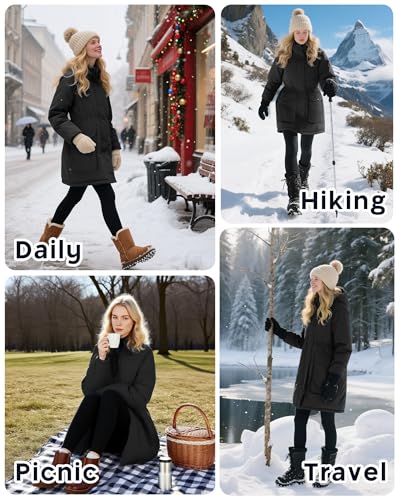 Outdoor Ventures Damen Regenjacke Lange Wintermantel mit Kapuze Frauen Wasserdicht Windbreaker Verdickene Warm Outdoorjacke Funktionsjacke für Wandern Laufen Sporten Schwarz XL