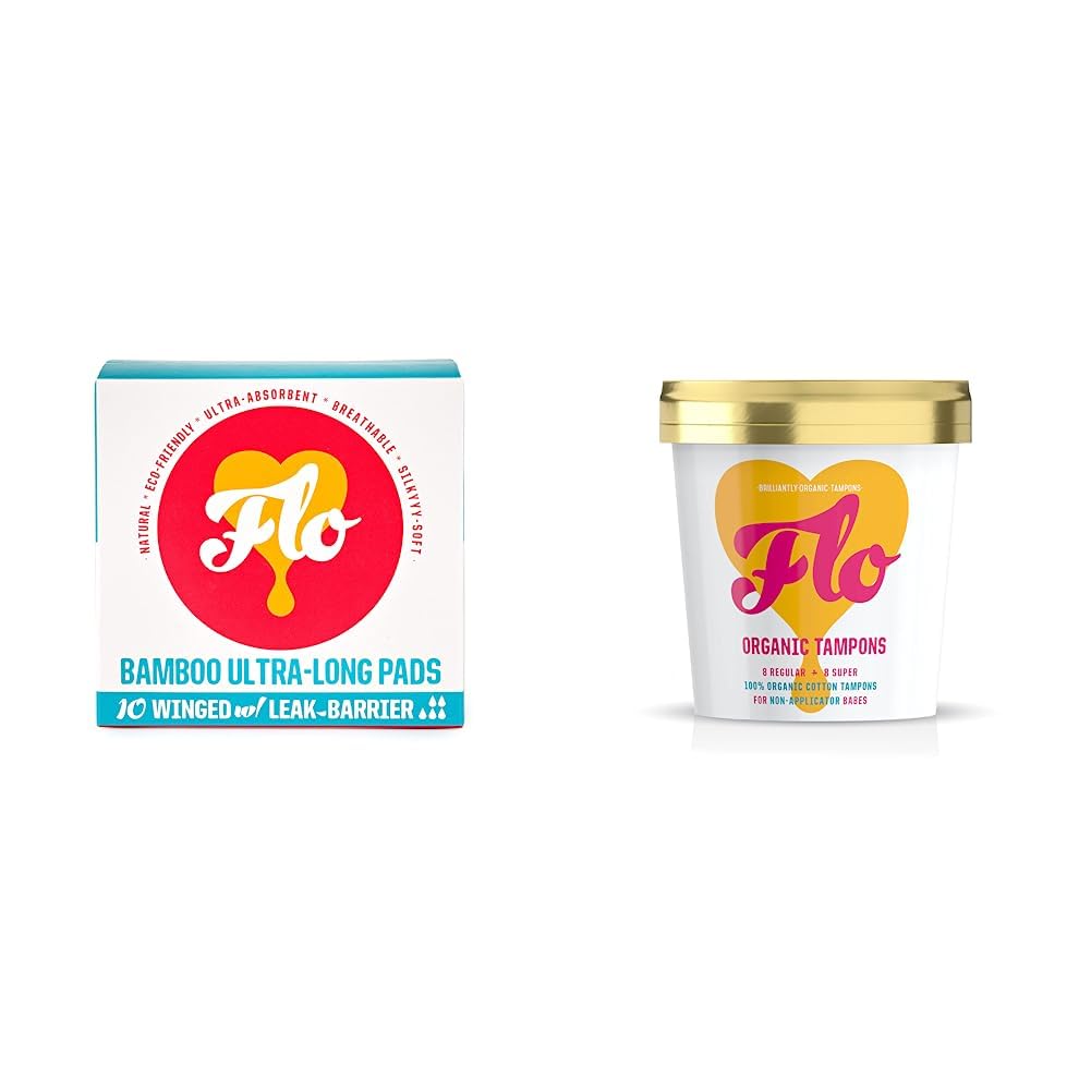 Organic Bamboo Sanitary Pads for Women with Wings, Biodegradable and Ultra Thin & Organic Non-Applicator Highly Absorbent Organic Tampons - 8 Regular, 8 Super Combo - 16 Mix Pack