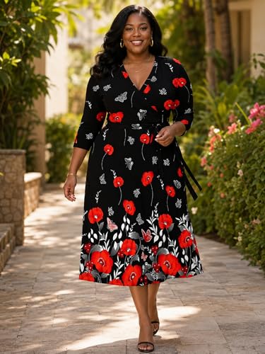Image of PinkPatty Women's Plus Size Maxi Dress Print 3 /4 Sleeves V Neck Party Sundress Wedding Guest Dresses