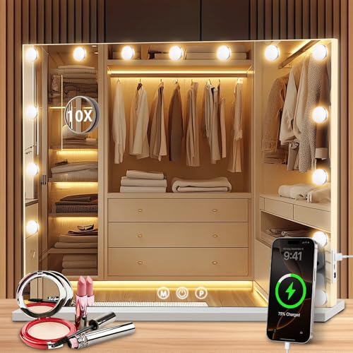 Puranex Miroir Coiffeuse de Maquillage 58×46 cm, LED 15  Lampes Super HD Makeup Mirror Hollywood avec Grossissement ×10, 3 Couleurs de Lumière...