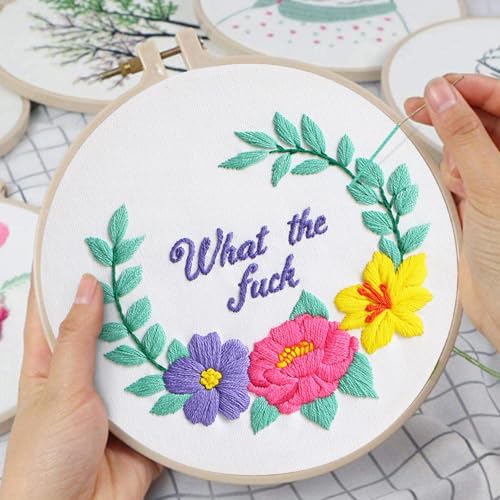 Image of Louise Maelys Funny Embroidery Kits for Beginners,Cross Stitch Kit for Adults Starters,DIY Needlepoint with Floral Flower Wreath Pattern