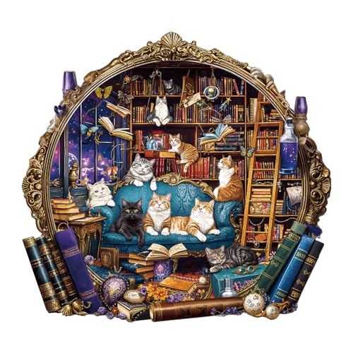 Wooden Puzzles for Adults - Cat Library Adventure Wooden Puzzle, Unique Shape Wood Jigsaw Puzzle for Adults, Wood Puzzles Adult, Gifts for Cat Lovers, Wall Art Home Decor (100pcs 8.5 * 8in S)