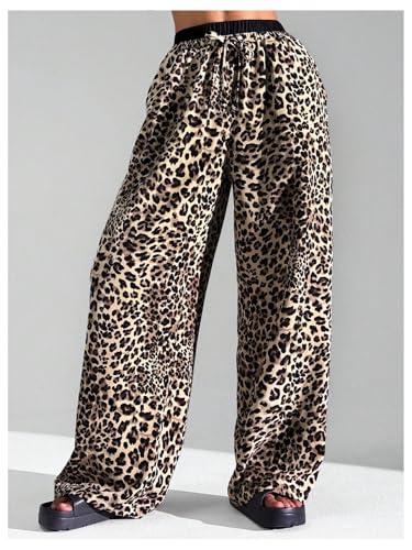 Image of Floerns Girl's Leopard Print Patched Drawstring Waist Wide Leg Y2k Pants