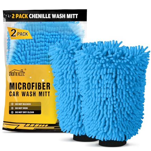HOMEXCEL Car Wash Mitt 2PK Chenille Microfiber Wash Mitt Scratch-Free & Lint-Free Rich Foam Highly Absorbent Double Sided Perfect for Car Washing and Detailing 10.2 x 6.7  Blue