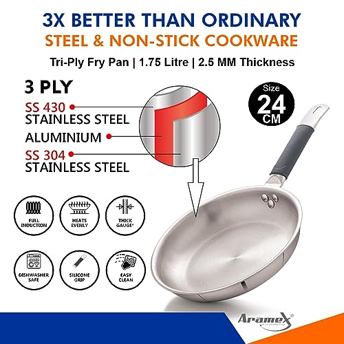 Image of ARAMEX Triply Stainless Steel Fry Pan 24cm with Silicon Grip [Without Lid, 3 Ply - SS430 Stainless Steel, Aluminium, SS304 Stainless Steel, Induction, Heats Evenly, Thick Gauge, Dishwasher Safe]