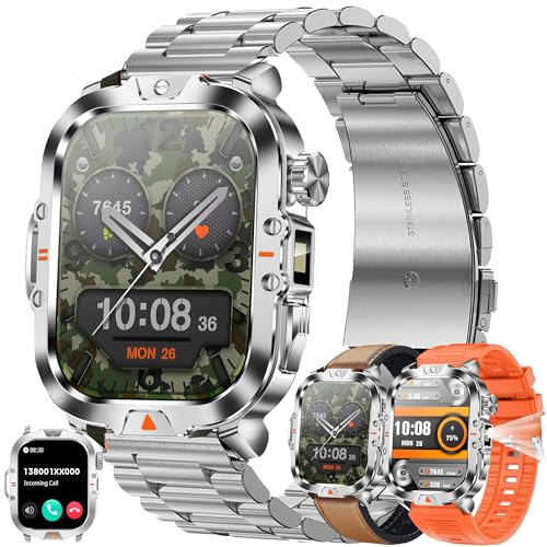 Relojes inteligentes para hombre (contestar/hacer llamadas), iluminación LED, rastreador de fitness HD de 2 pulgadas con monitor de presión arterial/frecuencia cardíaca, reloj de fitness impermeable