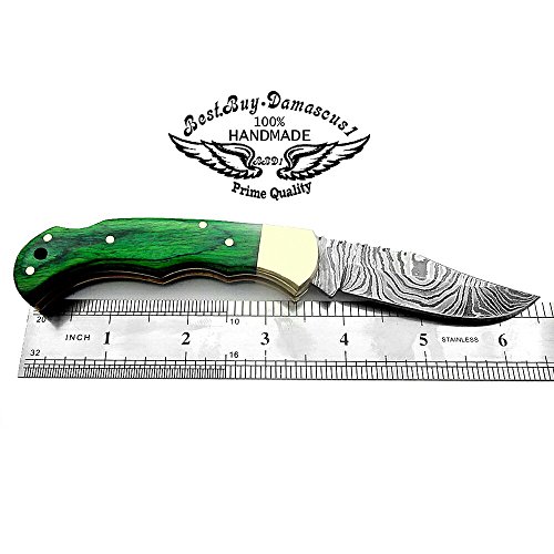 Pocket Knife Green Wood 6.5'' Handmade Custom Knife Damascus Steel Pocket Knifes for Men & Women Pocket Folding Knife With Back Lock Hunting Fishing Camping Hiking Damascus Hunting Knife Real Leather Sheath Knives Set Hunting Damascus Steel Knife