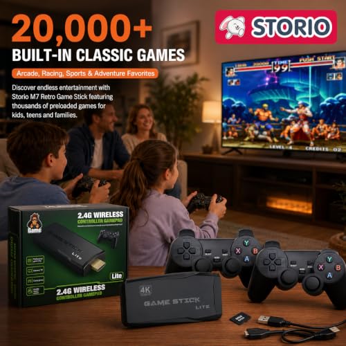 Image of Storio M7 Retro Game Stick for TV | 20,000+ Built-in Classic Games | Plug & Play HDMI Video Game Console with 2 Wireless Controllers & 64GB Card | Gaming Toy for Kids 7-15 Years & Family Fun