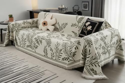 Image of The Furnishing Tree 3 Seater Reversible Chenille Sofa Cover, Double-Sided Luxury Throw, Anti-Slip Couch Cover, Soft & Comfortable Sofa Towel for All Seasons, Light Willow Leaf