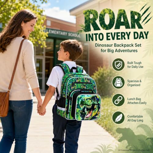 Image of 16 inch Dinosaur Backpack for Boys, 3Pcs Kids Bookbag with Lunch Box, School Backpacks for Elementary Preschool Kindergarten (Green)