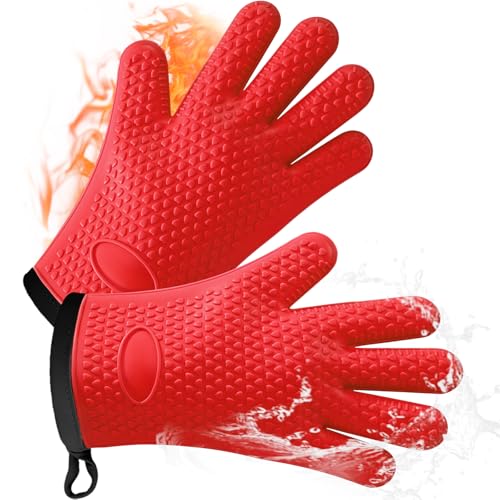 AMFUN Guantes para Horno, Resistentes Al Calor De 240°c, Antideslizantes Guantes Horno Silicona con Forro Interior de algodón Suave, Guantes de Cocina Resistentes al Calor (Rojo