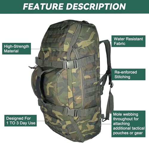 Image of Hannibal Tactical 55L Large Duffle Bag, 3-in-1 Tactical Backpack MOLLE Pack for Sports, Gym, Outdoor, US Woodland