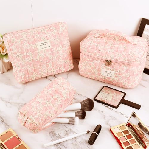Image of Lyrovo Makeup Organizer Cosmetic Bag Quilted Large Floral Make Up Organize Set for Women Flower Travel Toiletry Bag (Flower-Pink)