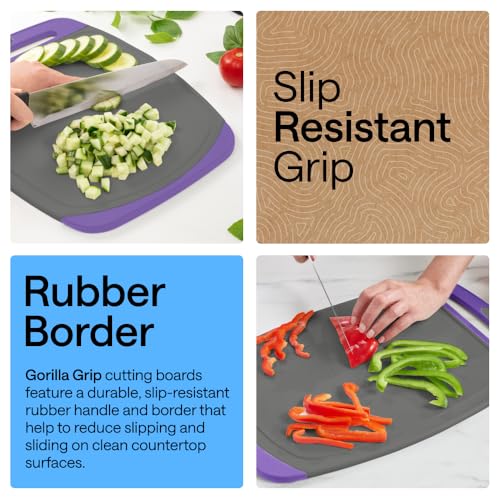 Image of GORILLA GRIP BPA-Free Reversible Kitchen Cutting Board Set of 3, US Designed, Nonporous, Juice Grooves Catch Liquid, Slip Resistant Border, Dishwasher Safe, Durable Food Chopping Boards, Gray Purple