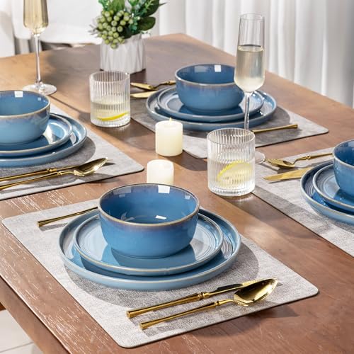 Image of GBHOME Ceramic Dinnerware Sets for 4, 12 Pieces Stoneware Plates and Bowls Sets, Reactive Glaze Dishes -Scratch Resistant, Dishwasher&Microwave Safe-Alaskan Blue