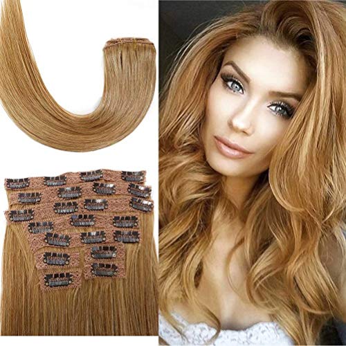 Real Hair Extensions Clip in Human Hair Extensions Caramel Blonde 27# Real Hair Extensions Natural Hair Clip in Double Weft Clip on Hair Extensions Human Hair 120gram 10pcs 20 Inch Honey Blonde