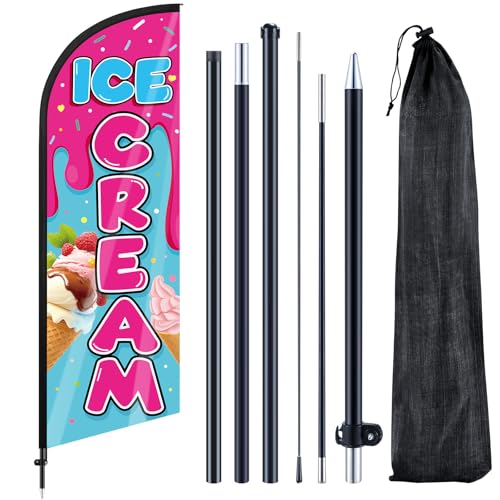 Remagr Ice Cream Advertising Feather Flag 7 ft Advertising Swooper Flag Banner Signs with Pole and Ground Stake for Store Business Outside