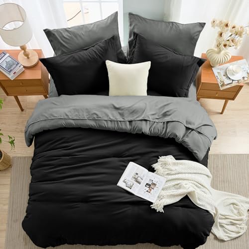 MUXHOMO 7 Pieces Full Comforter Set, Soft Bed in a Bag Full Size, All Season Bedding Set with Comforter, Flat Sheet, Fitted Sheet, Pillowcases & Shams, Black & Grey by MUXHOMO - Used condition - Image 8