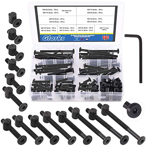Glarks 141Pcs M6x15/ 20/25/ 30/35/ 40/45/ 50/55/ 60/65/ 70/75/ 80mm Kit de remplacement pour vis de lit bébé, bouchon de socket hexagonal noir Vis et écrous Kit d'assortiment avec clé Allen