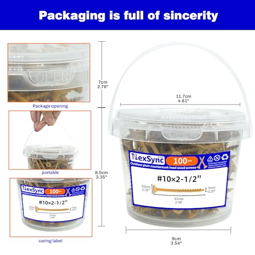 Image of 100Pcs 2.5 Inch Wood Screws, Deck Screws #10 x 2-1 /2 inch, Rust Resistant Epoxy Coated Construction Screw, Torx Drive Head, Framing Screw for Outdoor Woodworking Projects | Rust Resistant Epoxy Coated Construction Screw, Torx Drive Head, Framing Screw
