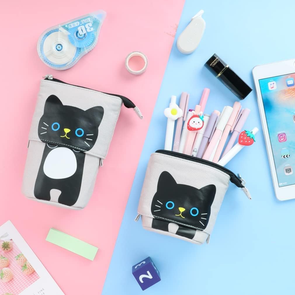 Masinca（マシンカ）韓国風 かわいい ペンケース ペン袋 筆袋 筆箱 収納バッグ 化粧ポーチ 男の子 女の子 小学生 中学生 高校生 大学生 社会人用 (B-ブラック ネコ)