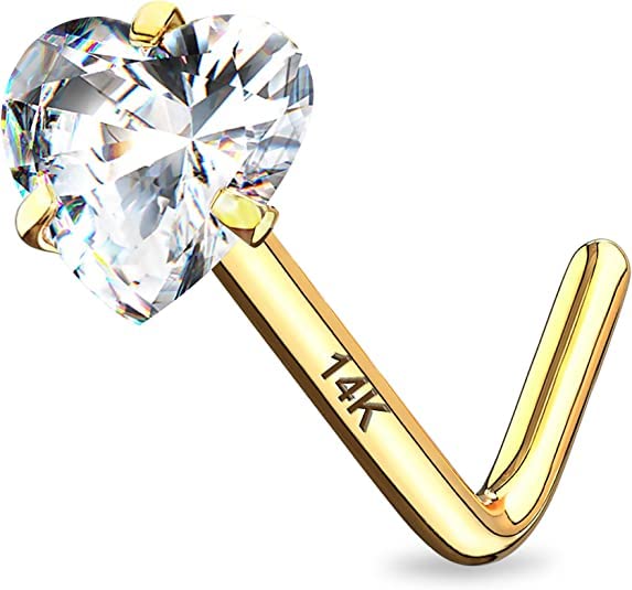 CM Crareesi Mania Nasenpiercing Ring 585 Gold Nasenringe 20G Nasenstecker L Form Nasenpiercing Nase Nostril Piercing Stecker mit Klarer Zirkonia Nasen Piercing Schmuck für Damen Herren