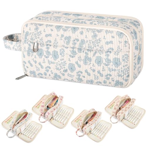 ARUICO Cute Corduroy Pencil Case Pouch with Convenient Handle Extra Large 4 Compartments Multiple Pockets Markers Crayons Storage Organizer Stylish Pen Case for Teen Girls College (Blue Flower)