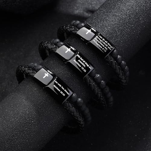 Pulsera de cuero tejido con cruz y cuentas de piedra lava para hombre miniatura 6