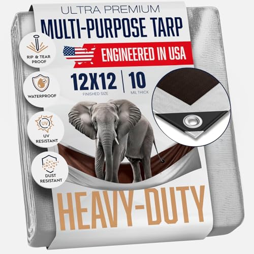 12x12 Heavy Duty Tarp 10 Mil Thick Waterproof Tear & Fade Resistant High Durability UV Treated Grommets Every 18 Inches. (Silver/Brown - Reversible) (12 x 12 Feet)