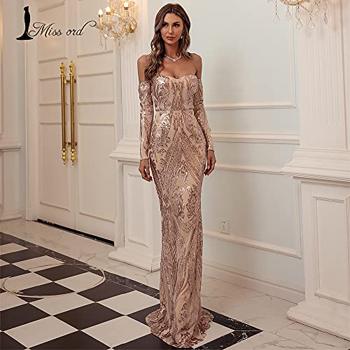 Miss Ord Sexy Long Sleeve Retro Party Dress Sequin Formal Maxi Dress, Elegant Mermaid Evening Prom Gown Gold #TOP7