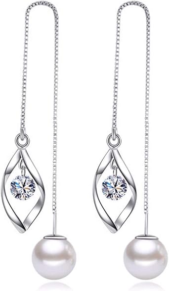 Elegant 925 Sterling Silver Threader Tassel Earrings Pearl Ball Drop Long Chain Earrings Wedding for Women