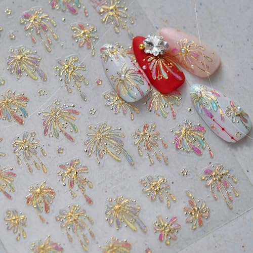 Image of Fireworks Nail Stickers Decals Gold Nail Decals Colorful Jelly Design 5D Embossed Nails Charms Supply for Women Girls Manicure DIY Decoration Accessories
