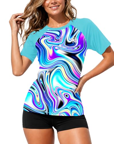 Image of AOBUTE Women Short Sleeve Rash Guard Gradient Sun Protection Swim Shirts