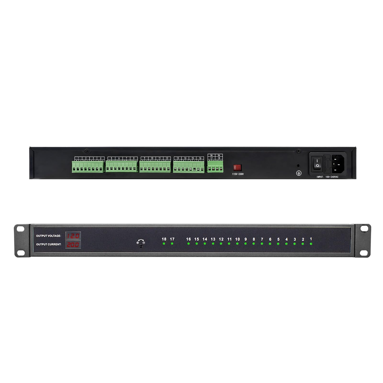 1U 12V 20A 18-Channel Rack Mount Power Supply – 12V 3-5A Distributed DC Output with Reset Fuse, 4 ft Replaceable AC Cord. Ideal for Security Cameras,