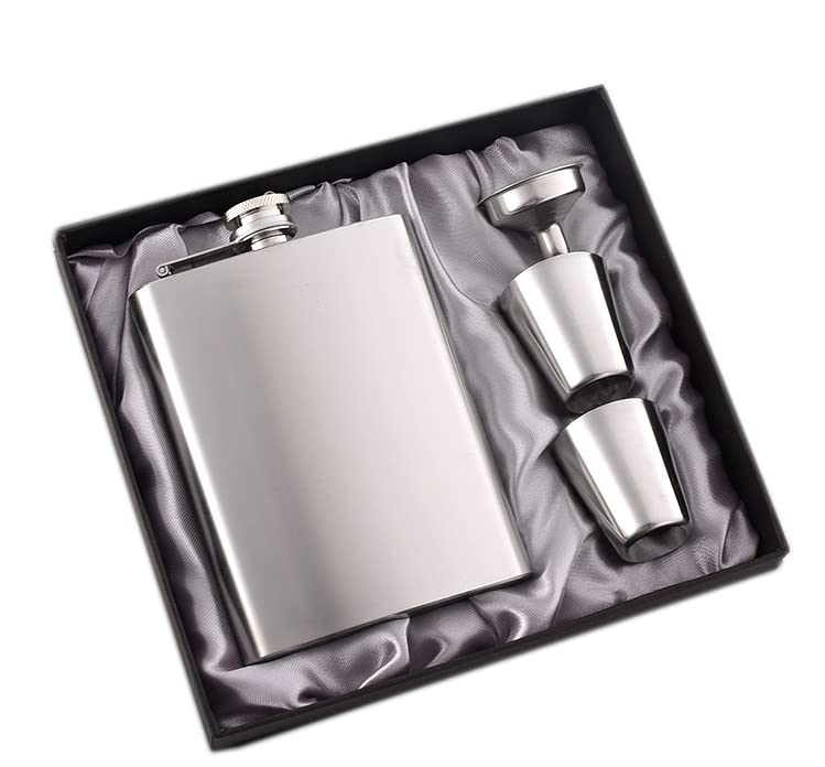 Sponsored Ad - Stainless Steel Hip Flask 8 Oz (230 Ml) for Men Women - Pocket Liquor Flask Or Wine Whiskey Alcoholic Beverage Holder with Two Shot Glasses and Funnel Bar Set Gift Box - Native Silver