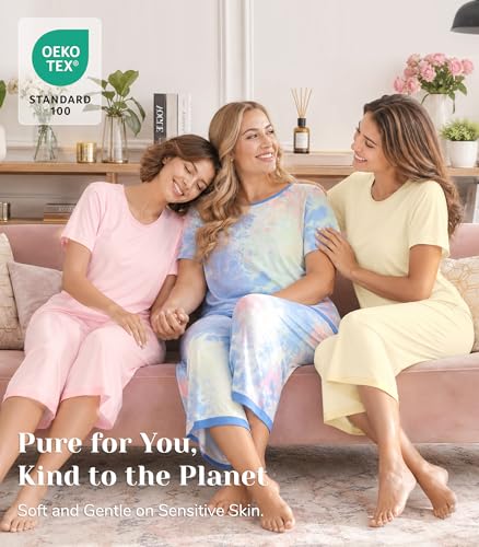 Image of NACHILA Pajamas for Women-Viscose Made from Bamboo,Satin Crew Neck Pajama Sets Short Sleeve Pjs with Capri Pants