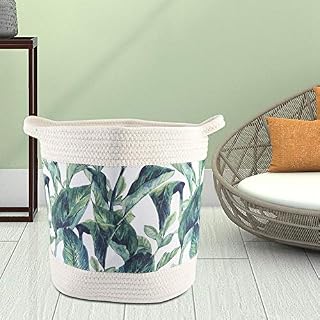 Fdit 1Pc Laundry Basket Cotton Rope Storage Organizer for Home Nursery Decor Green Plants Pattern(D30*H31CM)