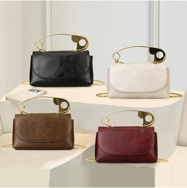 Women's Unique Safety Pin Crossbody Purse Leather Clutch Bag With Gold Handles Chain - Image 8