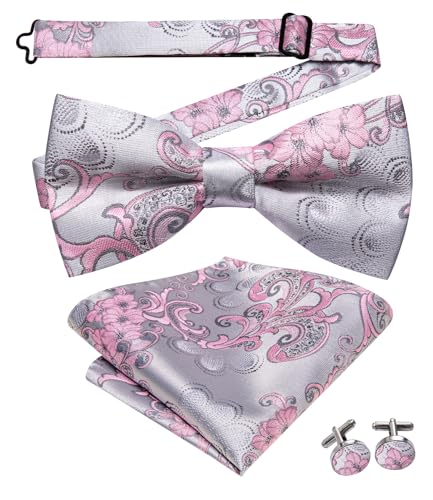 Image of Hi-Tie Bow Ties for Men Silver Pink Floral Pre-Tied Pocket Square Cufflinks Mens Bowtie Sets for Wedding Formal Party