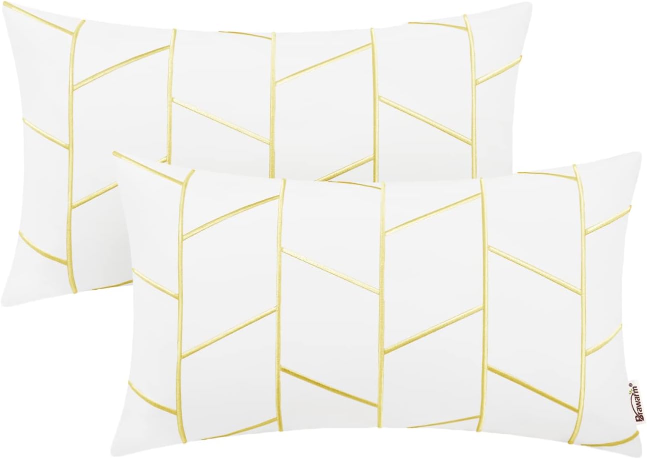 BRAWARM Faux Leather Pillow Covers 12 X 20 Inches, White and Gold Leather Lumbar Pillow Covers Pack of 2, Geometric Embroidery Leather Decorative Throw Pillows for Living Room Couch Bed Sofa Home