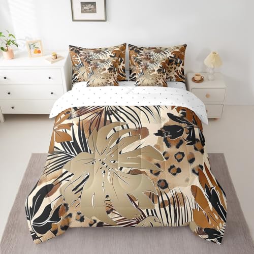 Feelyou Leopard Comforter Set with Sheets Queen Size Leaves Bed