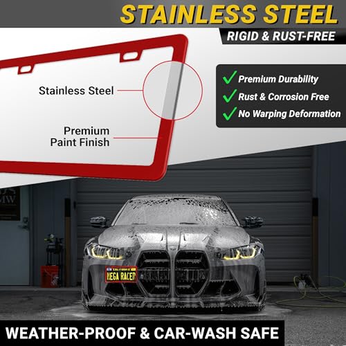 Image of Premium Slim Red License Plate Frames - 2 Pack, Rust-Free Stainless Steel, Street Legal & Rattle-Free, Universal Fit with Screw Caps, Sleek Thin Metal Front & Rear Car Tag Holders for Men & Women
