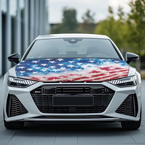 Image of American Flag Design Car Hood Cover Protector for SUV Sedans Trucks, Elastic Polyester Waterproof Sun-Proof Auto Hood Flag Patriotic Decorative Car Accessories