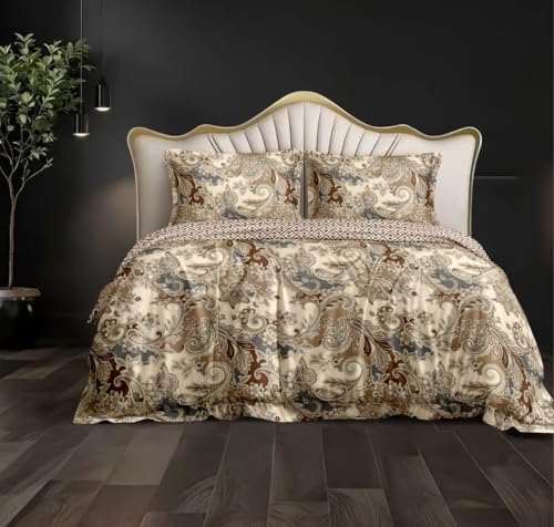 Image of DECOMIZER XL Microfiber Soft Cotton Queen Bedsheet for Double Bed, Queen Size 90 Inches X 100 Inches, 230 X 250 cm with 2 Large Size Pillow Covers - CaramelPaisley