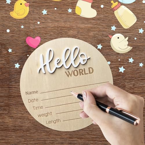 Image of Baby Announcement Sign, 5.9 Inch Wooden Hello World Newborn Signs, Birth Announcement Sign, Baby Shower Hospital Nursery for Newborn Boys and Girls (White,Pen)