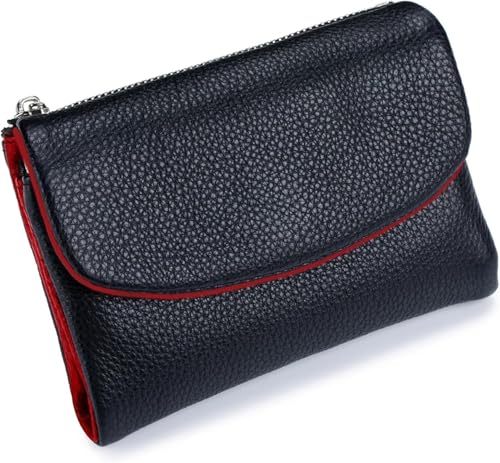 Joyfullygo Wallet, Unisex Pebble Leather Wallet, Genuine Leather Coin Purse with Credit Card Holder, for Men & Women (Black Red)