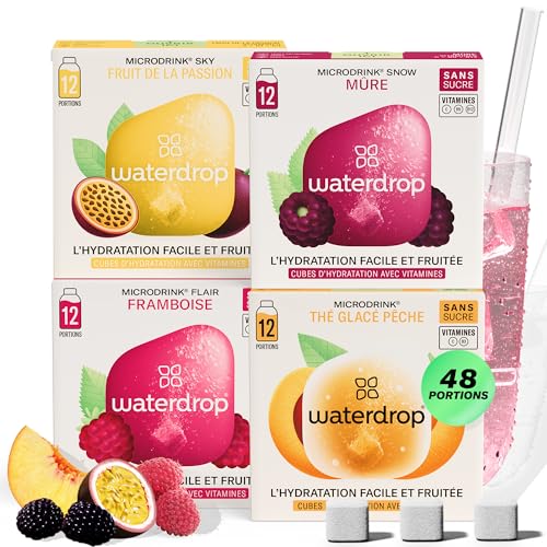 waterdrop® Coffret Microdrink | 48 waterdrop boisson en cube effervescente en 4 saveurs | Extraits naturels de fruits et de plantes | Avec vitamines | Boisson sans sucre | Eau aromatisée en pastille